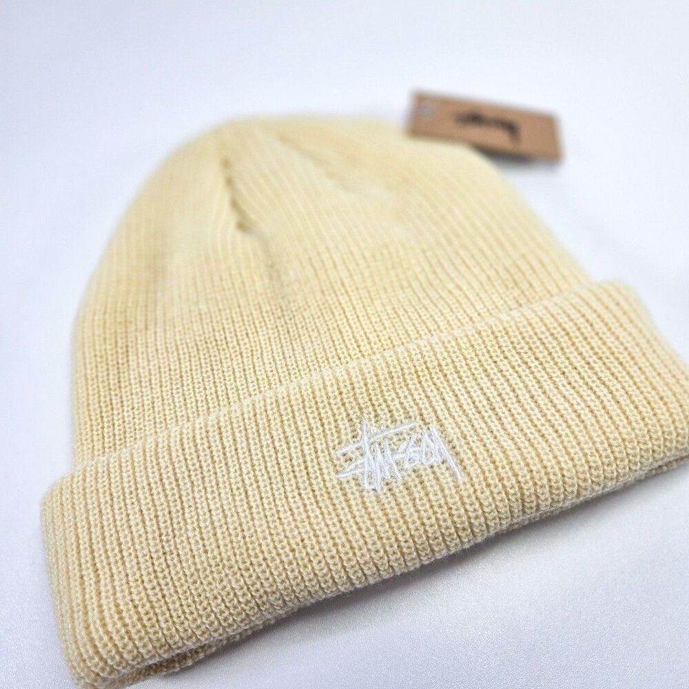 Stussy Basic Cuff Beanie Beach Sand White Logo NWT